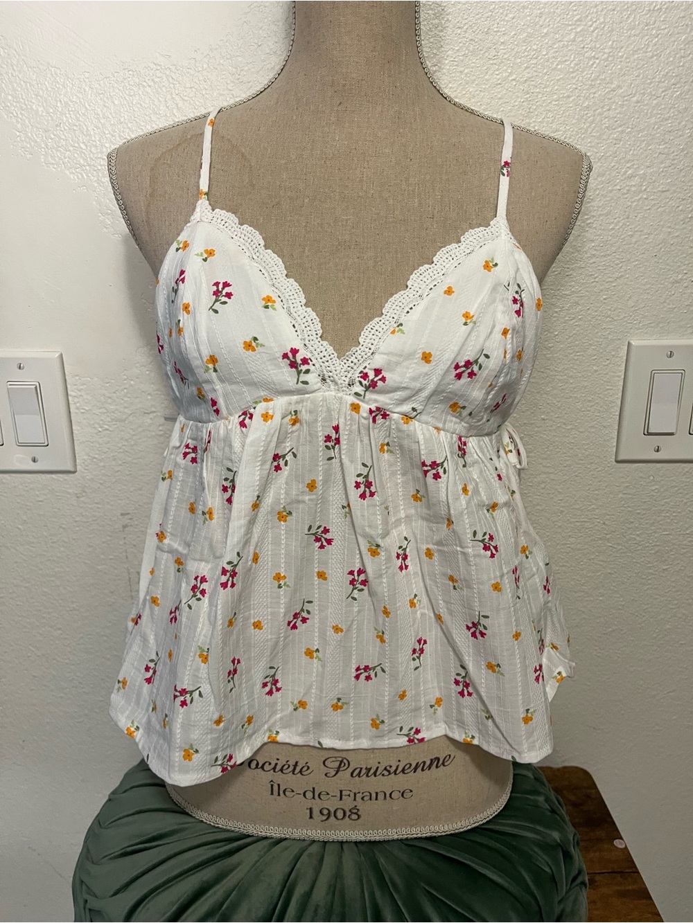 No Boundaries White Floral Lace-Trim Cami with Pink and Yellow Blooms